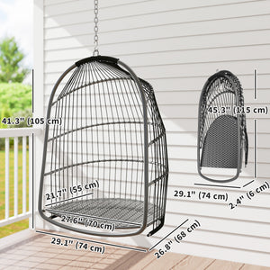 Hanging Egg Chair, Foldable Rattan Garden Swing Chair with Installation Kit, Thickened Cushion and Headrest, Hanging Egg Basket Seat for Patio, Porch, Dark Grey