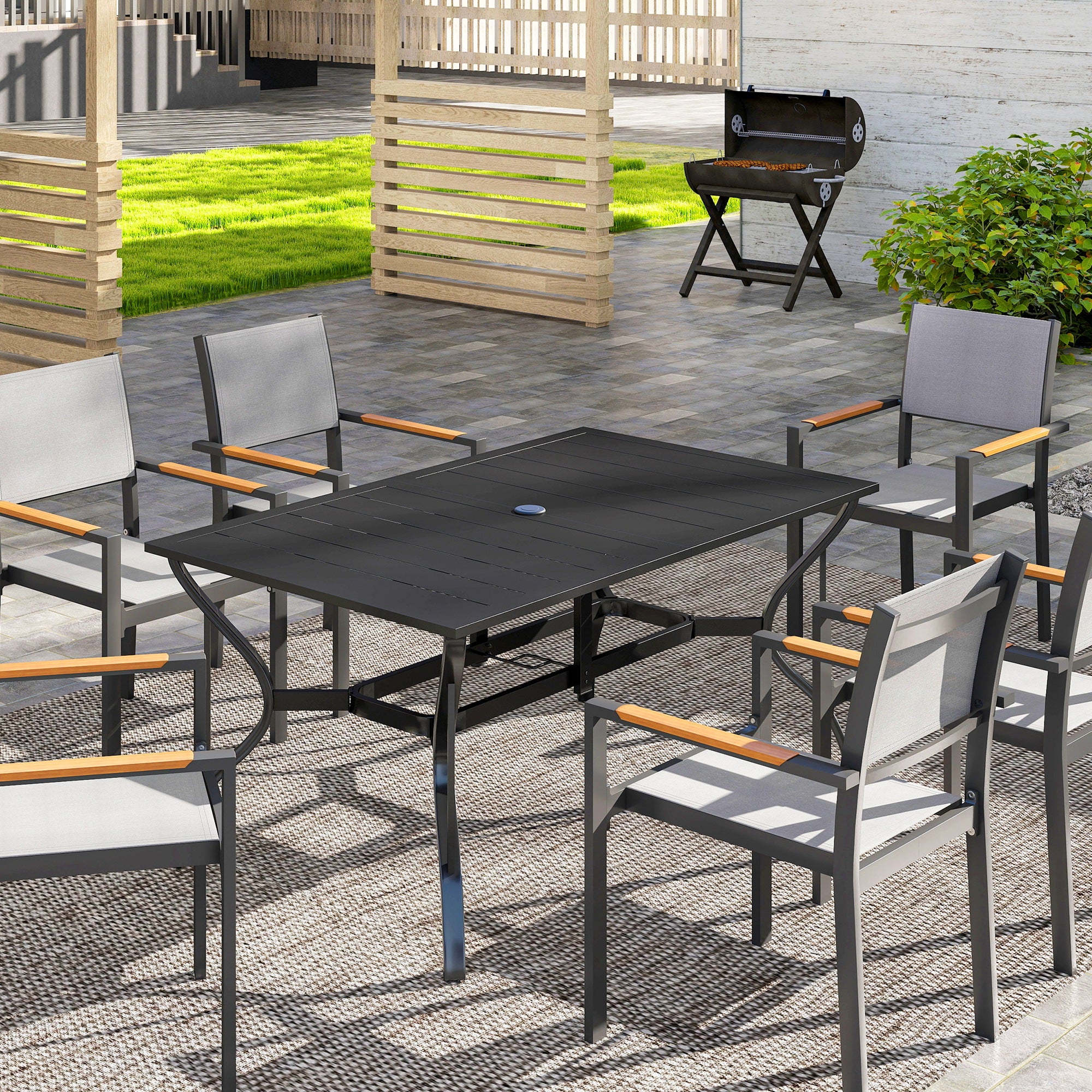 Outsunny Rectangle Steel Patio Dining Table for 6, Outdoor Dining Table with Umbrella Hole, Black