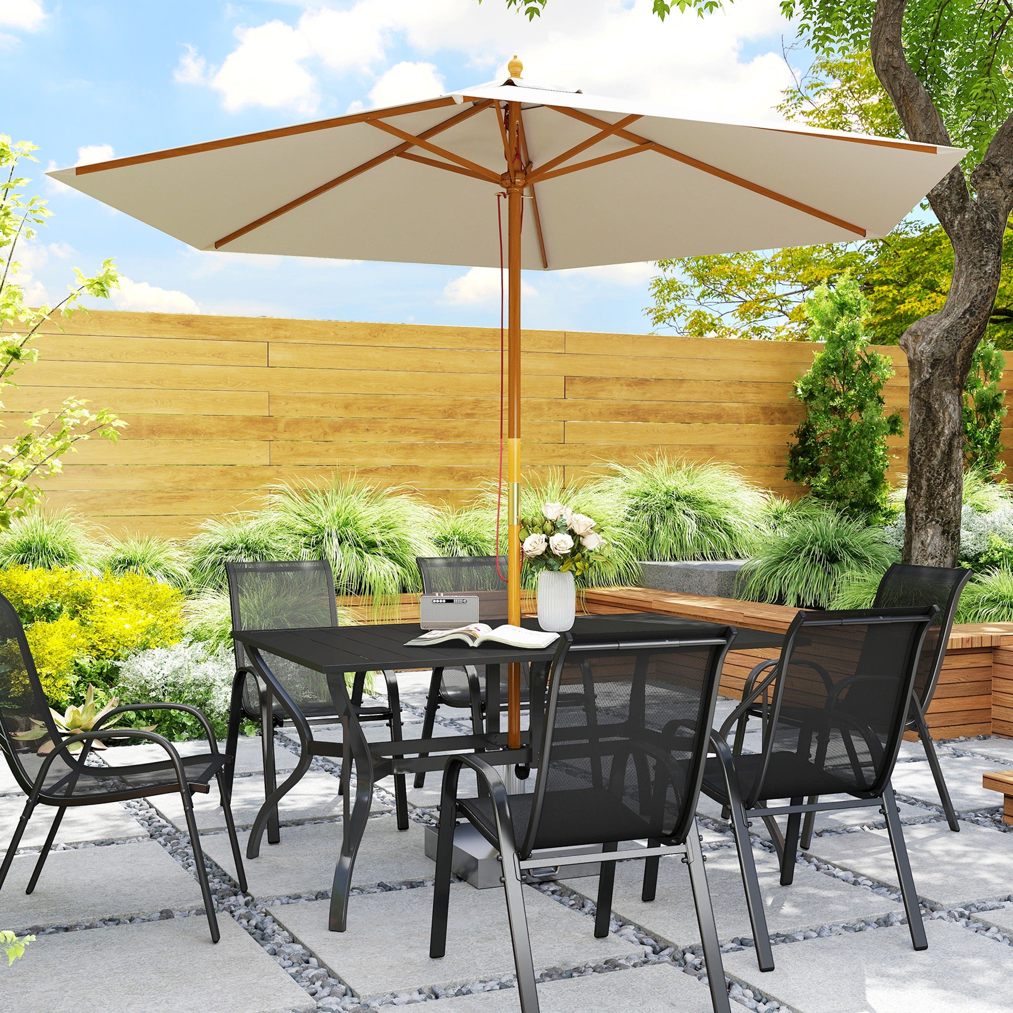 Outsunny Rectangle Steel Patio Dining Table for 6, Outdoor Dining Table with Umbrella Hole, Black