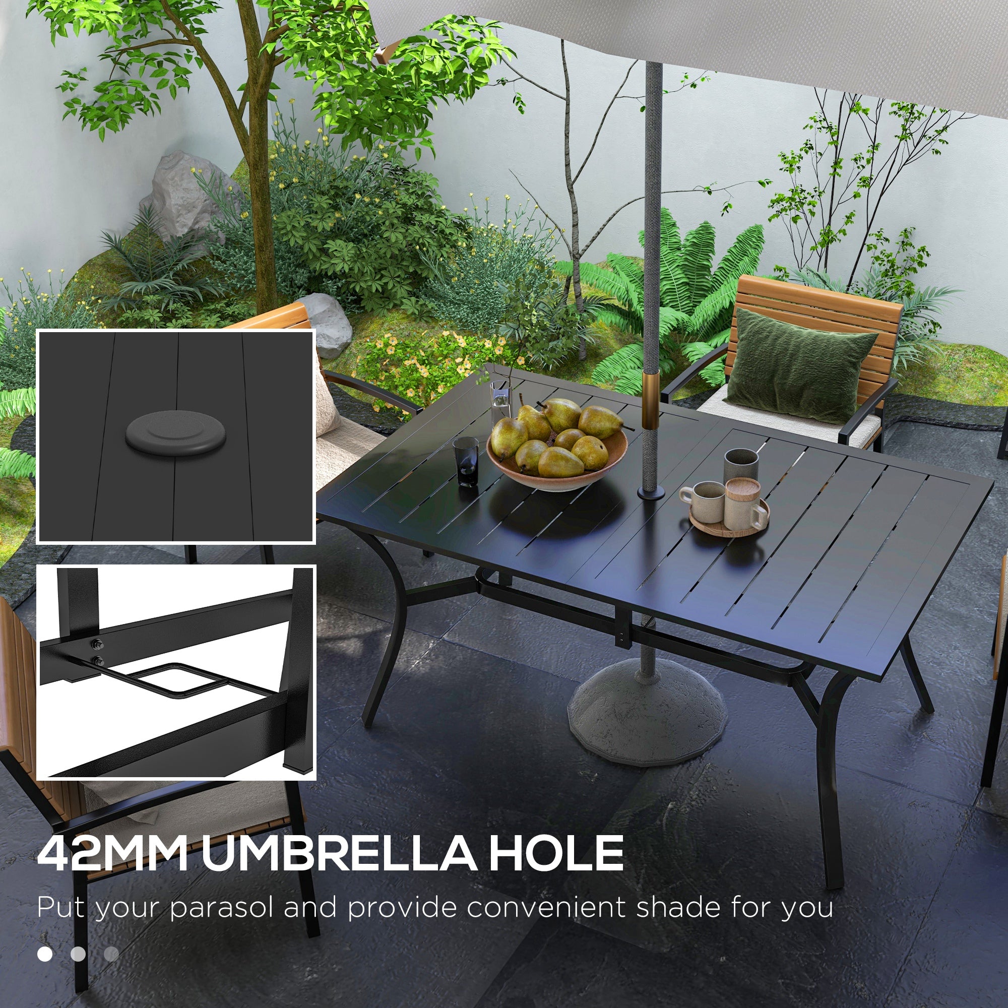 black metal patio table with umbrella hole Outsunny 59" x 35.5" Rectangular Outdoor Dining Table for 6 with Umbrella Hole, Black