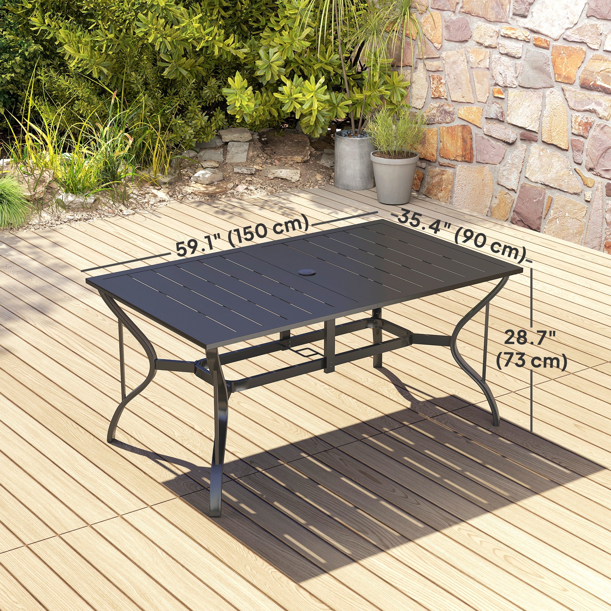 black rectangle patio table with umbrella hole Outsunny Rectangle Steel Patio Dining Table for 6, Outdoor Dining Table with Umbrella Hole, Black