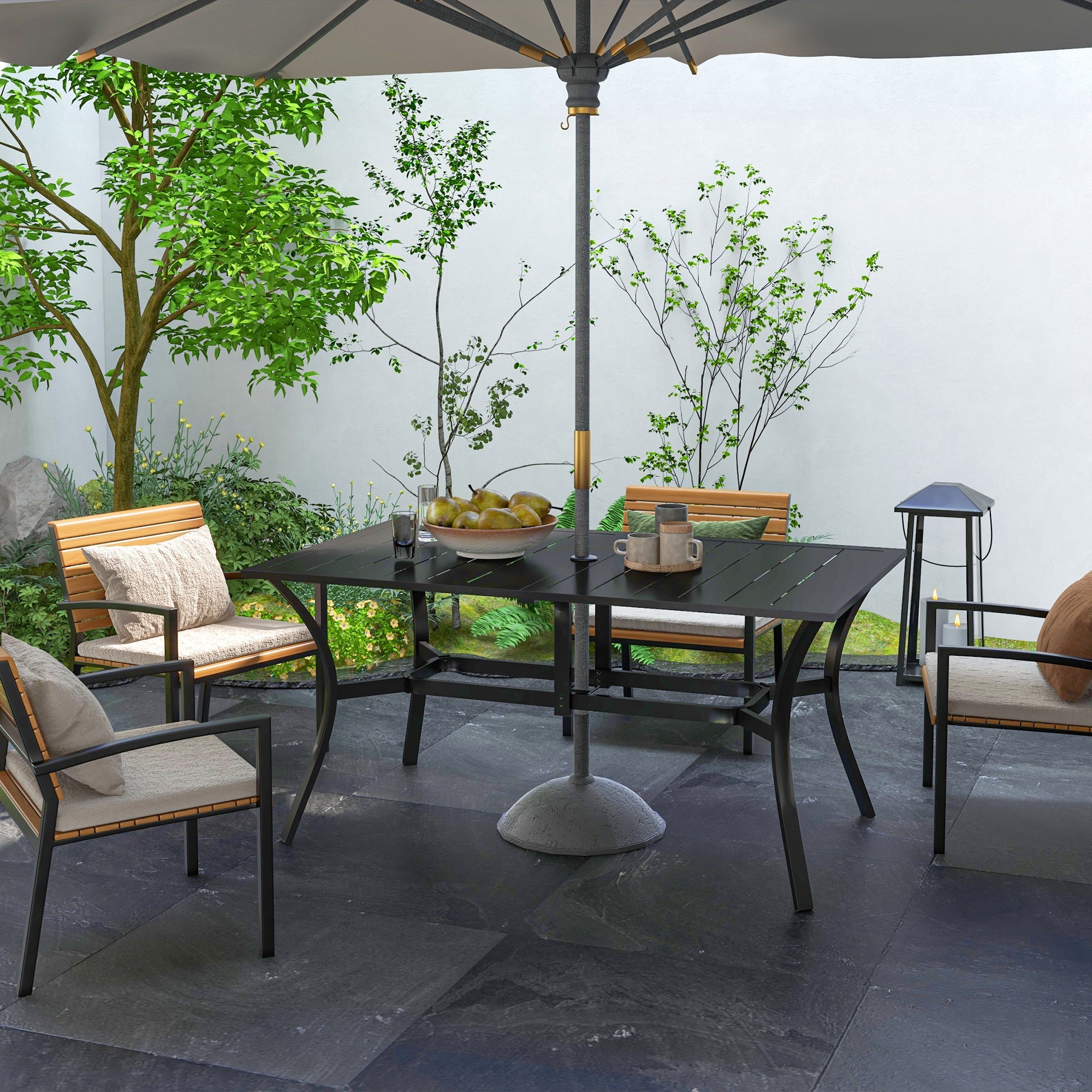 gray rectangular patio table with umbrella Outsunny 59" x 35.5" Rectangular Outdoor Dining Table for 6 with Umbrella Hole, Black