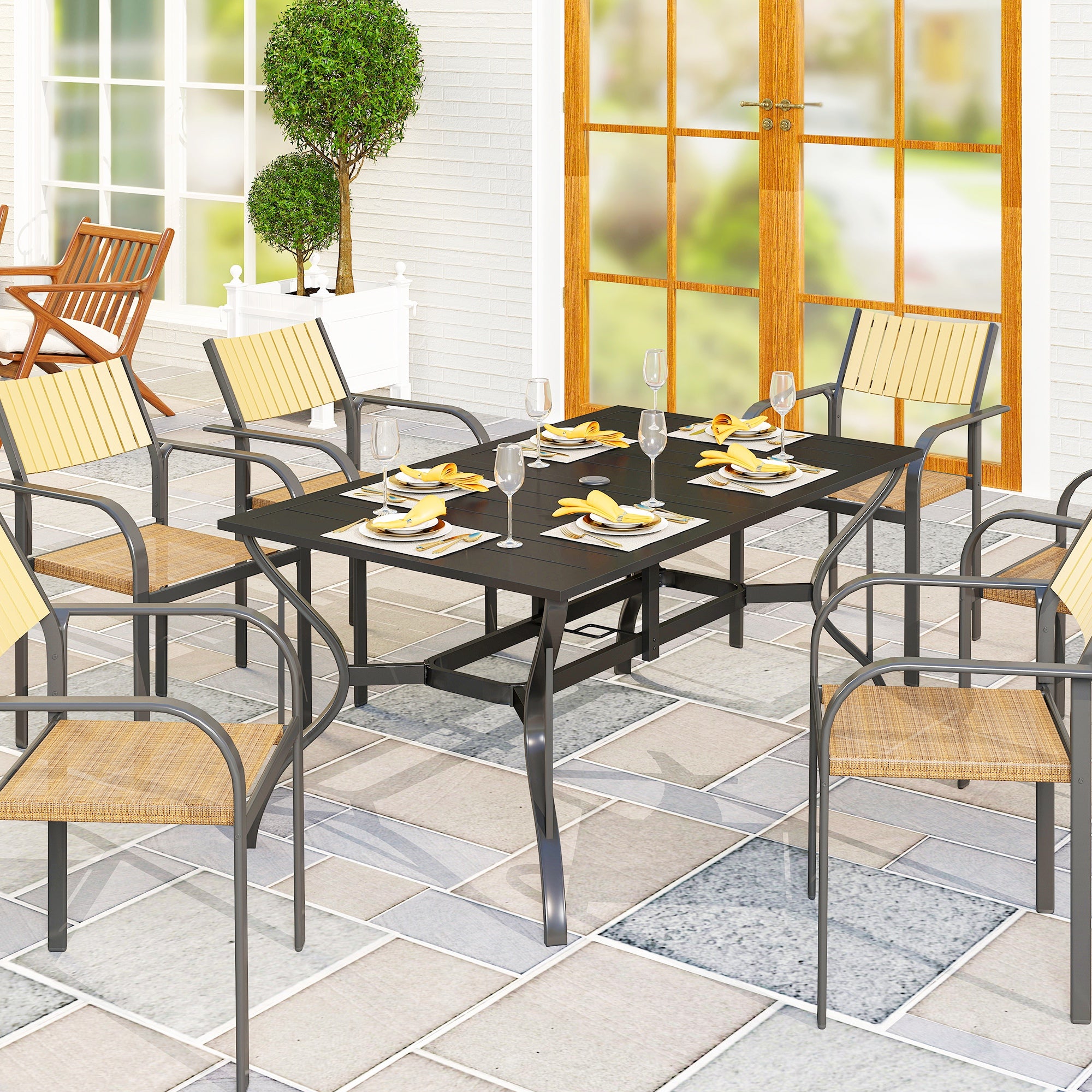 glass top rectangular patio dining table with umbrella hole Outsunny Rectangle Steel Patio Dining Table for 6, Outdoor Dining Table with Umbrella Hole, Black