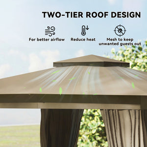 10' x 12' Outdoor Patio Gazebo, Soft Top Gazebo Canopy Shelter with Double Roof, Curtains, Netting, Steel Frame, UPF30+ Protection, Ceiling Hooks for Lawn, Backyard, Deck, Khaki