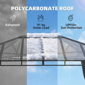3 x 4 m Outdoor Hardtop Gazebo Canopy with Polycarbonate Roof, Waterproof Aluminium Permanent Pavilion Garden Gazebo Patio Shelter with Curtains, Dark Grey