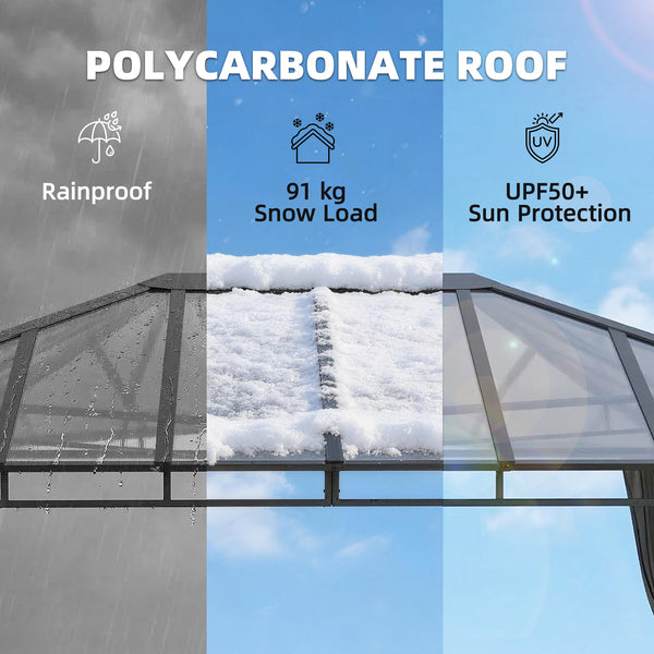3 x 4 m Outdoor Hardtop Gazebo Canopy with Polycarbonate Roof, Waterproof Aluminium Permanent Pavilion Garden Gazebo Patio Shelter with Curtains, Dark Grey