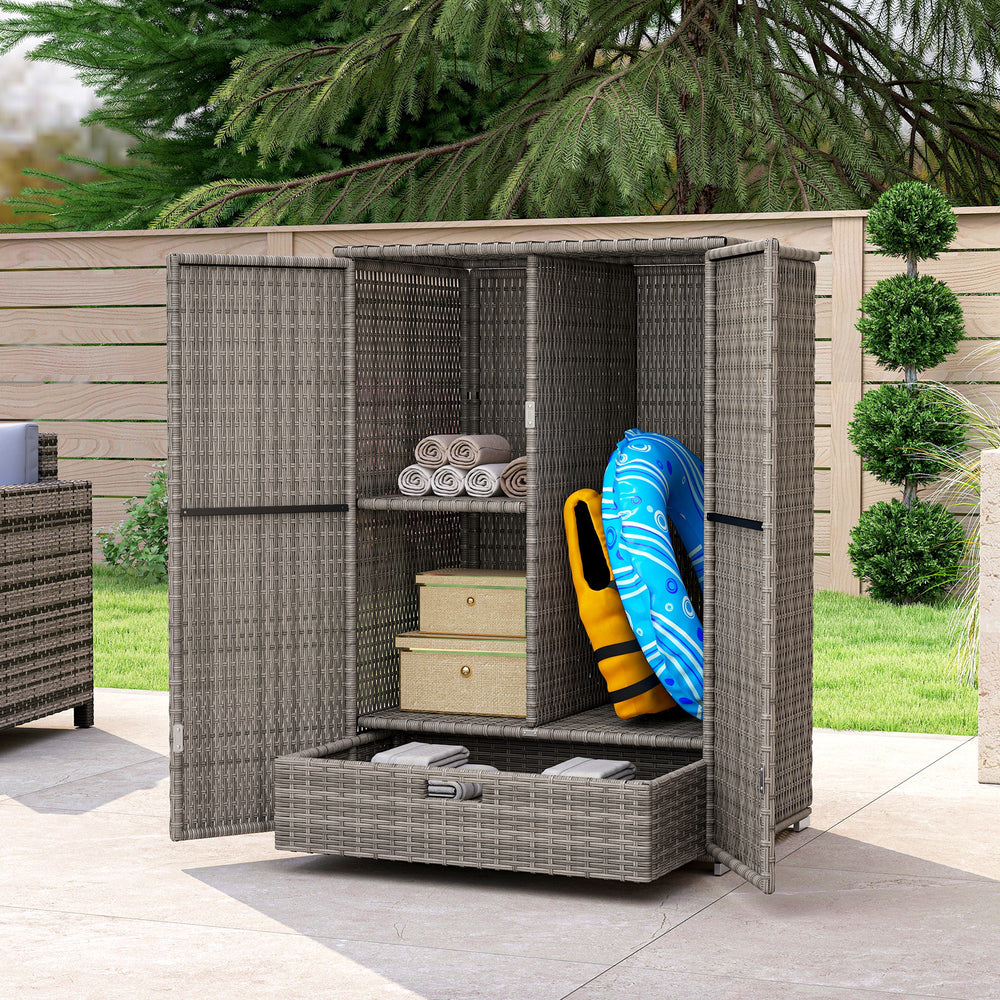Wicker Outdoor Storage Cabinet with Shelves, 2-Door Rattan Pool Towel Storage Cabinet with Drawer & Removable Shelf, Pool Storage Organizer for Garden, Porch, Dark Grey