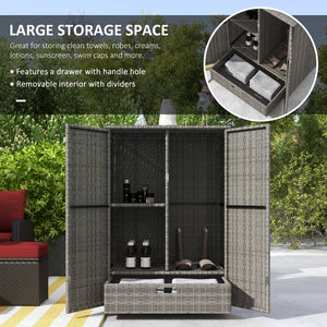 Outsunny Wicker Outdoor Storage Cabinet with Shelves, 2-Door Rattan Pool Towel Storage Cabinet with Removable Shelf & Drawer, Outdoor Towel Storage Cabinet for Garden, Backyard, Porch, Dark Gray