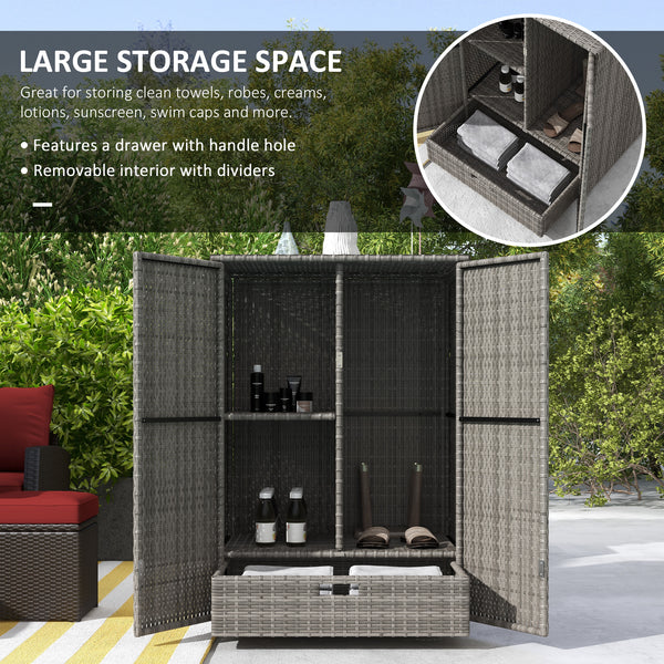 Outsunny Wicker Outdoor Storage Cabinet with Shelves, 2-Door Rattan Pool Towel Storage Cabinet with Removable Shelf & Drawer, Outdoor Towel Storage Cabinet for Garden, Backyard, Porch, Dark Gray