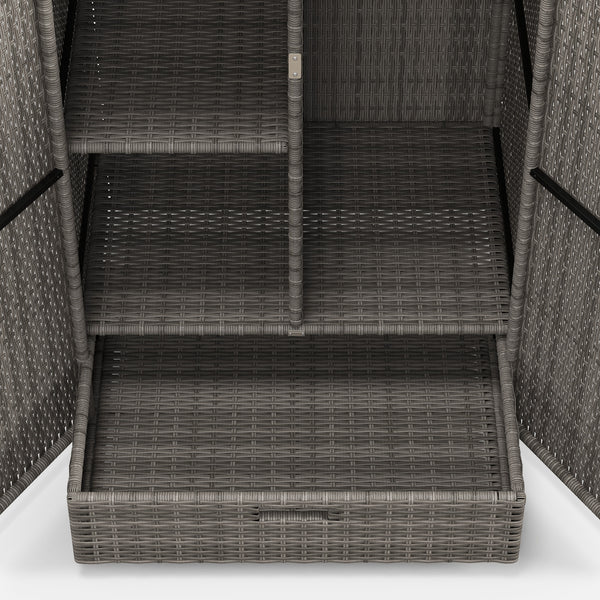 Wicker Outdoor Storage Cabinet with Shelves, 2-Door Rattan Pool Towel Storage Cabinet with Drawer & Removable Shelf, Pool Storage Organizer for Garden, Porch, Dark Grey