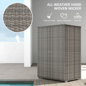 Outsunny Wicker Outdoor Storage Cabinet with Shelves, 2-Door Rattan Pool Towel Storage Cabinet with Removable Shelf & Drawer, Outdoor Towel Storage Cabinet for Garden, Backyard, Porch, Dark Gray