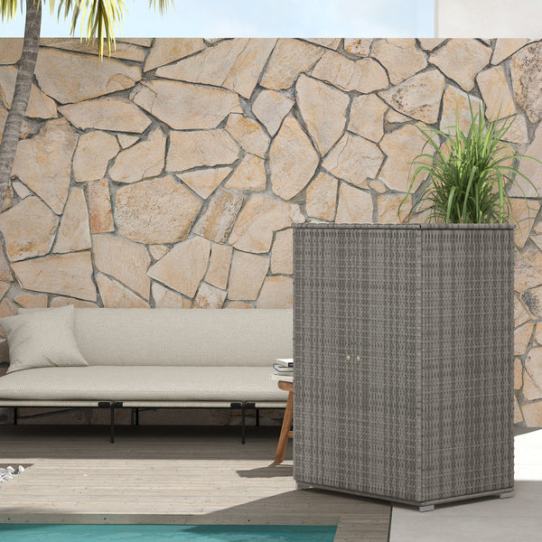 Outsunny Wicker Outdoor Storage Cabinet with Shelves, 2-Door Rattan Pool Towel Storage Cabinet with Removable Shelf & Drawer, Outdoor Towel Storage Cabinet for Garden, Backyard, Porch, Dark Gray