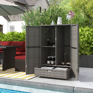 Outsunny Wicker Outdoor Storage Cabinet with Shelves, 2-Door Rattan Pool Towel Storage Cabinet with Removable Shelf & Drawer, Outdoor Towel Storage Cabinet for Garden, Backyard, Porch, Dark Gray