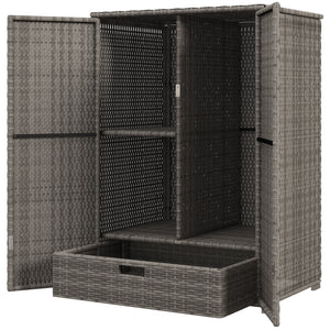 Wicker Outdoor Storage Cabinet with Shelves, 2-Door Rattan Pool Towel Storage Cabinet with Drawer & Removable Shelf, Pool Storage Organizer for Garden, Porch, Dark Grey