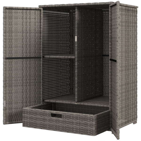 Wicker Outdoor Storage Cabinet with Shelves, 2-Door Rattan Pool Towel Storage Cabinet with Drawer & Removable Shelf, Pool Storage Organizer for Garden, Porch, Dark Grey
