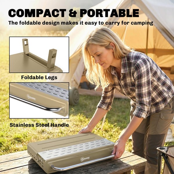 Portable BBQ Grill, Charcoal Barbecue Grill with Adjustable Grates, Foldable Legs and Side Shelf for Camping Hiking Picnic Travel Garden Outdoor Cooking, Khaki
