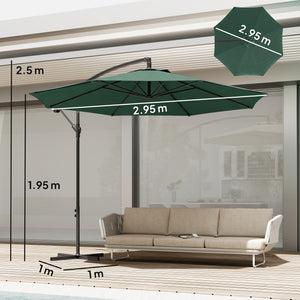 3(m) Garden Banana Parasol Hanging Cantilever Umbrella with Crank Handle, 8 Ribs and Cross Base for Outdoor, Sun Shade, Dark Green