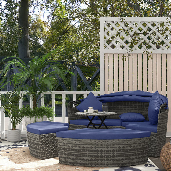 Outsunny 4 Piece Round Rattan Daybed, Convertible Patio Furniture Set, Adjustable Sun Canopy, Sectional Outdoor Sofa, 2 Chairs, Extending Tea Table Ottoman Chair, 3 Pillows, Dark Blue