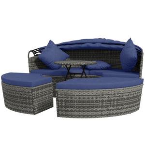 Outsunny 4 Piece Round Rattan Daybed, Convertible Patio Furniture Set, Adjustable Sun Canopy, Sectional Outdoor Sofa, 2 Chairs, Extending Tea Table Ottoman Chair, 3 Pillows, Dark Blue