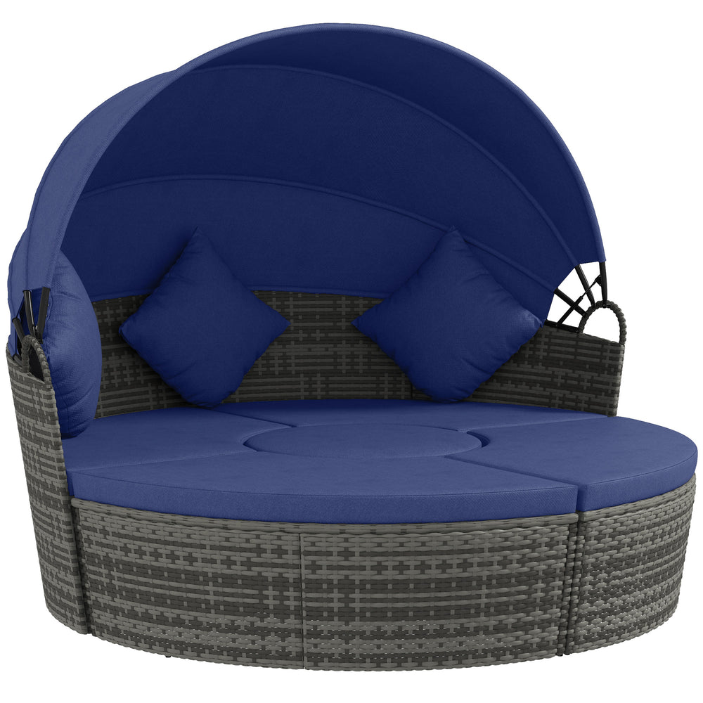 Outsunny 4 Piece Round Rattan Daybed, Convertible Patio Furniture Set, Adjustable Sun Canopy, Sectional Outdoor Sofa, 2 Chairs, Extending Tea Table Ottoman Chair, 3 Pillows, Dark Blue