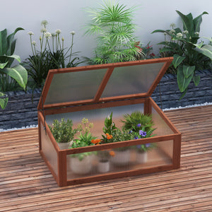 Outsunny Wooden Cold Frame Greenhouse, Mini Greenhouse with Polycarbonate Board and Solid Wood Frame, Green House Cold Frame, Indoor Outdoor Terrarium Planter Box, 39" x 26" x 16", Natural