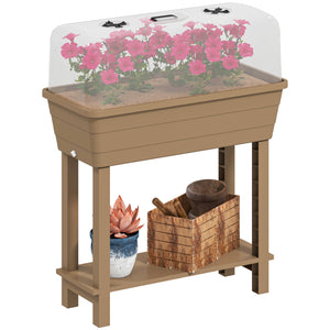 41L Self Watering Raised Garden Bed with Ventilation Transparent Lid Greenhouse, Storage Shelf, Planter Box with Water Level Indicator, 29.5" x 14.2" x 36.2", Brown