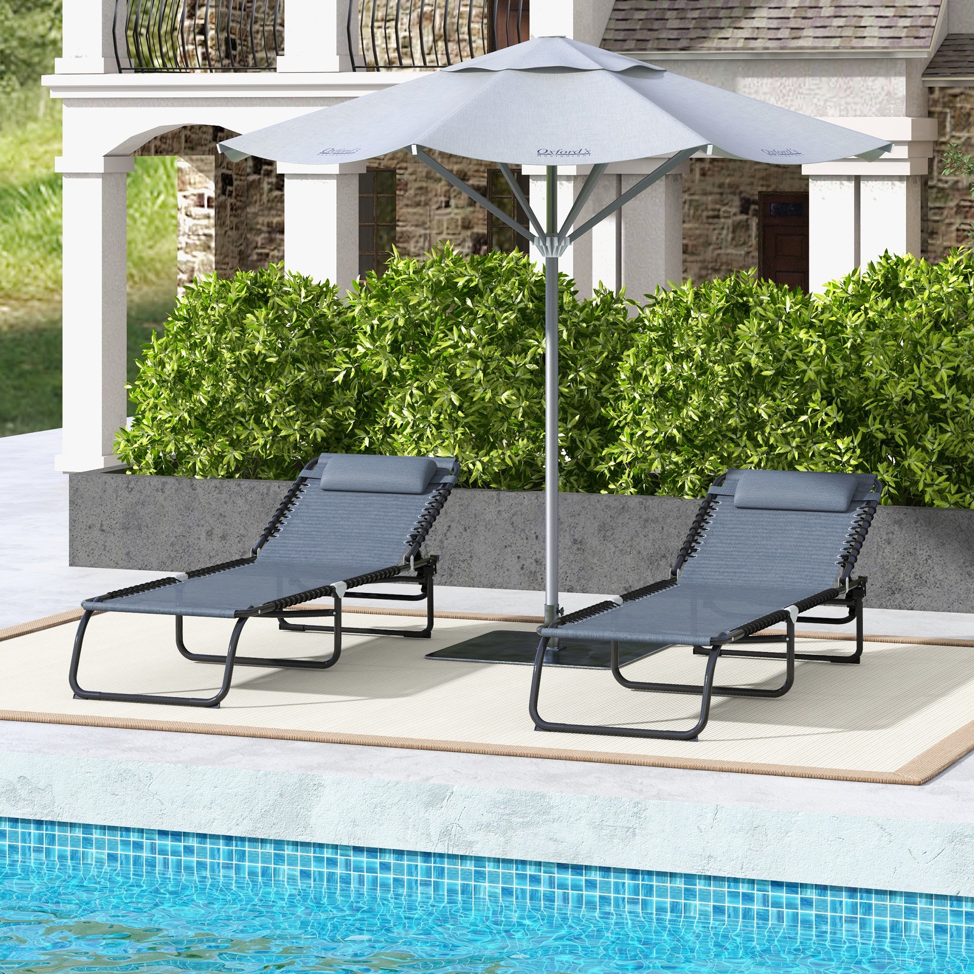 2 seat patio umbrella chair Outsunny 2-Pack Folding Chaise Lounge Pool Chairs, 4-Position Reclining, Bungee Seat with Pillow, Gray
