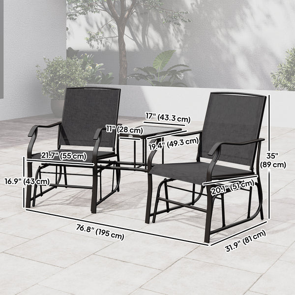 Double Patio Glider Chair with Glass Top Center Table, Outdoor Glider Loveseat with High Back,  All Weather Breathable Mesh Fabric for Garden, Backyard, Deck, Black