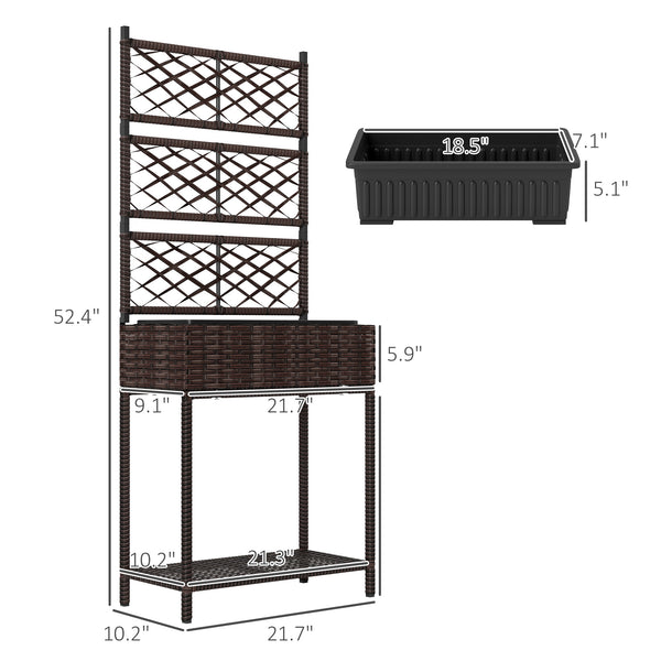 Outsunny Raised Garden Bed with Trellis, Outdoor Wicker Planter, Freestanding Rattan Planter Stand with Storage Shelf for Climbing Plants, Flowers, Herbs, Vegetables, Brown