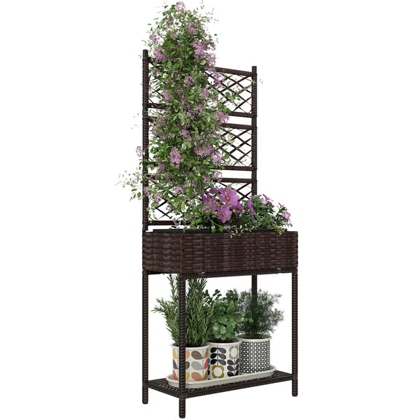 Outsunny Raised Garden Bed with Trellis, Outdoor Wicker Planter, Freestanding Rattan Planter Stand with Storage Shelf for Climbing Plants, Flowers, Herbs, Vegetables, Brown