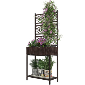 Outsunny Raised Garden Bed with Trellis, Outdoor Wicker Planter, Freestanding Rattan Planter Stand with Storage Shelf for Climbing Plants, Flowers, Herbs, Vegetables, Brown