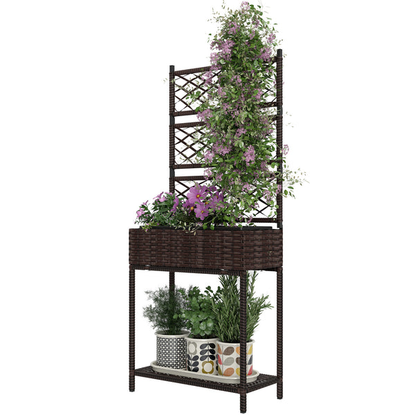 Outsunny Raised Garden Bed with Trellis, Outdoor Wicker Planter, Freestanding Rattan Planter Stand with Storage Shelf for Climbing Plants, Flowers, Herbs, Vegetables, Brown