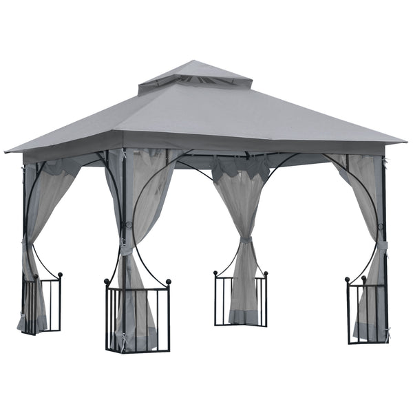 3 x 3m Garden Gazebo Patio Party Tent Shelter Outdoor Canopy Double Tier Sun Shade with Metal Frame and Netting, Light Grey