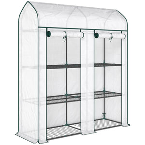 3 Tier Mini Greenhouse, 56.3" x 18.1" x 65" Small Portable Greenhouse with 2 Roll-up Doors, Garden Plant Growhouse with PE Cover for Indoor Outdoor, White