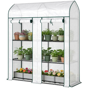 3 Tier Mini Greenhouse, 56.3" x 18.1" x 65" Small Portable Greenhouse with 2 Roll-up Doors, Garden Plant Growhouse with PE Cover for Indoor Outdoor, White