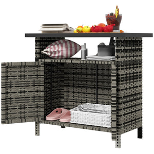 Outsunny Wicker Outdoor Storage Cabinet, Rattan Outdoor Bar Table with Two Doors and Shelf, Outdoor Buffet Cabinet Sideboard with Metal Slatted Countertop for Garden, Patio, Backyard, Mixed Gray