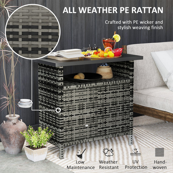 Outsunny Wicker Outdoor Storage Cabinet, Rattan Outdoor Bar Table with Two Doors and Shelf, Outdoor Buffet Cabinet Sideboard with Metal Slatted Countertop for Garden, Patio, Backyard, Mixed Gray