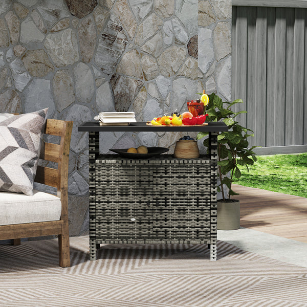 Outsunny Wicker Outdoor Storage Cabinet, Rattan Outdoor Bar Table with Two Doors and Shelf, Outdoor Buffet Cabinet Sideboard with Metal Slatted Countertop for Garden, Patio, Backyard, Mixed Gray