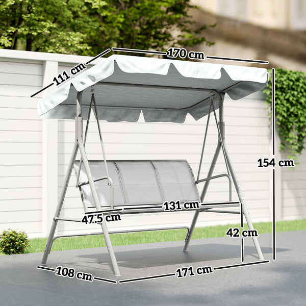 3 Seater Swing Chair, Garden Swing Bench with Adjustable Tilting Canopy, Breathable Mesh Seat and Heavy Duty Metal Frame for Patio, Yard, Light Grey