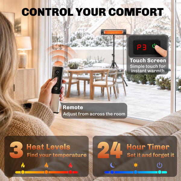 2500 W Electric Infrared Patio Heater, IP65 Free Standing Outdoor Garden Heater with Height Adjustable Tripod, 3 Heat Settings, 24H Timer, Touch/Remote Control, Tip-Over Protection, Black
