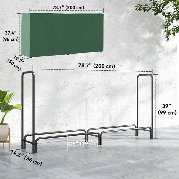 6.6 ft Firewood Rack with Waterproof Cover, Heavy Duty Metal Log Store Indoors with Steel Chains, Log Storage Holder for Outdoor Indoor Fireplace, Dark Green