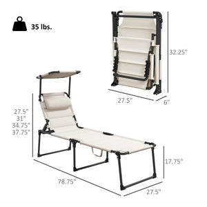 2 Pieces Outdoor Lounge Chair, Adjustable Backrest Folding Chaise Lounge, Cushioned Tanning Chair with Sunshade Roof & Pillow Headrest for Beach, Camping, Hiking, Cream White