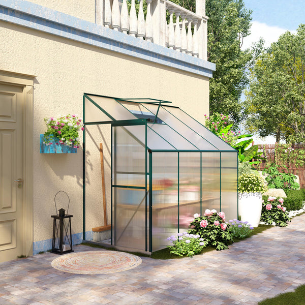 Outsunny 8' x 4' x 7' Hobby Greenhouse, Walk-in Lean-To Polycarbonate Hot House Kit with Aluminum Frame, Sliding Door, Roof Vent, Green