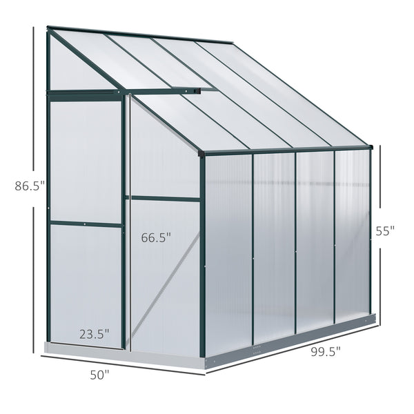 Outsunny 8' x 4' x 7' Hobby Greenhouse, Walk-in Lean-To Polycarbonate Hot House Kit with Aluminum Frame, Sliding Door, Roof Vent, Green