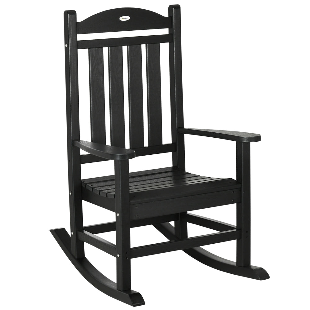 Outsunny Outdoor Rocking Chair, All Weather-Resistant HDPE Rocking Patio Chairs with Rustic High Back, Armrests, Oversized Seat and Slatted Backrest, 350lbs Weight Capacity, Black