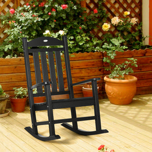 Outsunny Outdoor Rocking Chair, All Weather-Resistant HDPE Rocking Patio Chairs with Rustic High Back, Armrests, Oversized Seat and Slatted Backrest, 350lbs Weight Capacity, Black