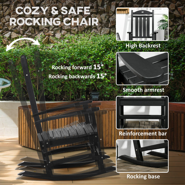 Outsunny Outdoor Rocking Chair, All Weather-Resistant HDPE Rocking Patio Chairs with Rustic High Back, Armrests, Oversized Seat and Slatted Backrest, 350lbs Weight Capacity, Black