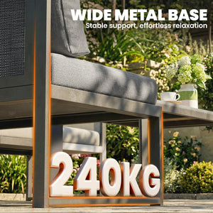 6 Seater Metal Garden Furniture Set, Corner Garden Sofa Set with 3 Texteline Loveseats, Faux Wood Top Coffee Table, L-Shape Outdoor Conversation Furniture with Cushions, Dark Grey