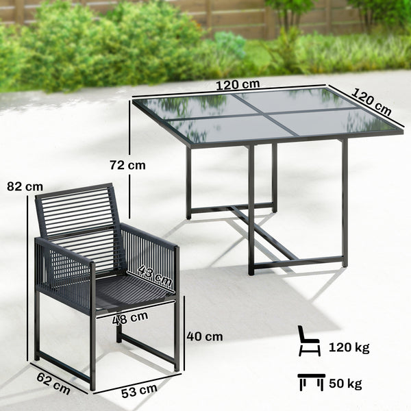 5 Pieces Garden Dining Set, Outdoor Patio Cube Set, 4 Seater Outdoor Table and Chairs with Foldable Backrest, Tempered Glass Top, Space-Saving, Dark Grey