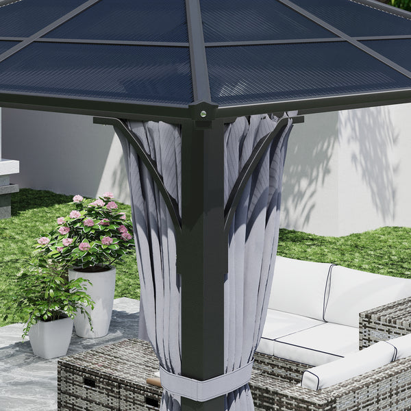 3 x 3(m) Hardtop Gazebo Canopy with 7mm Double Polycarbonate Roof, Garden Gazebo Permanent Pavilion with Mosquito Netting and Curtains for Patio, Deck, Dark Grey
